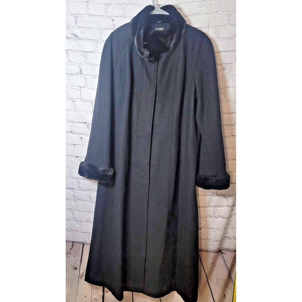 Gallery Coat Womens‎ XL Black Wool Blend Faux Fur Long Overcoat Button Front